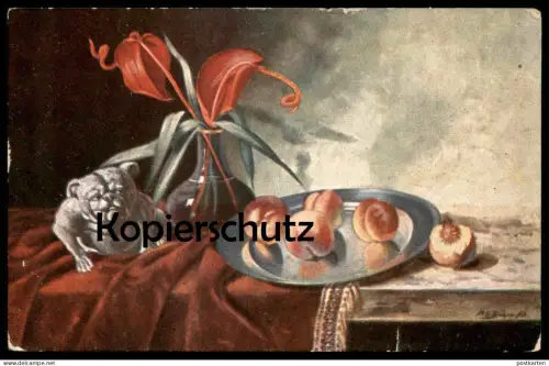 ALTE KÜNSTLER POSTKARTE STILLLEBEN MOPS PFIRSICH BLUME Hund dog chien peach peche Ansichtskarte AK cpa postcard