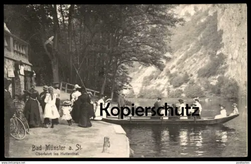 ALTE POSTKARTE BAD MÜNSTER AM STEIN ÜBERFAHRT INS HUTTENTHAL Huttental Boot Anzug Hut Kind Ansichtskarte AK cpa postcard