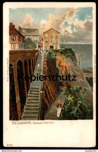 ALTE POSTKARTE HELGOLAND GROSSE TREPPE REKLAME WEIN- UND BIER RESTAURANT KASINO OBERLAND HAMBURGER KÜCHE TAFEL-MUSIK AK