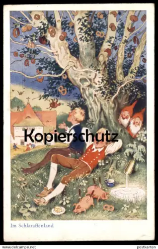 ALTE KÜNSTLER POSTKARTE IM SCHLARAFFENLAND MÄRCHEN FRITZ BAUMGARTEN ZWERG ZWERGE SCHWEINE ÄPFEL dwarf pig fairy tale cpa