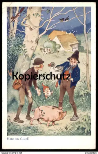 ALTE KÜNSTLER POSTKARTE HANS IM GLÜCK MÄRCHEN FRITZ BAUMGARTEN ZWERG SCHWEIN BRÜDER GRIMM pig fairy tale postcard cpa AK