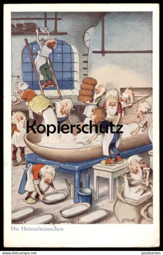 ALTE KÜNSTLER POSTKARTE DIE HEINZELMÄNNCHEN MÄRCHEN FRITZ BAUMGARTEN BACKSTUBE BÄCKEREI bakery fairy tale postcard Köln