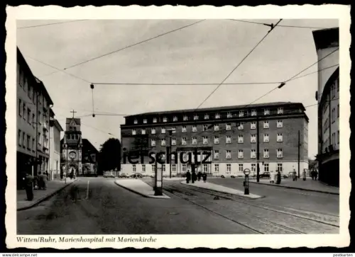ALTE POSTKARTE WITTEN RUHR MARIENHOSPITAL MIT MARIENKIRCHE BUSBAHNHOF BUSHALTESTELLE KRANKENHAUS Ansichtskarte cpa AK