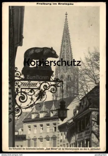 ALTE POSTKARTE FREIBURG BREISGAU 1934 WIRTSSCHILD DES HISTORISCHEN GASTHOFES ZUM BÄREN MIT DER MÜNSTERPYRAMIDE AK cpa