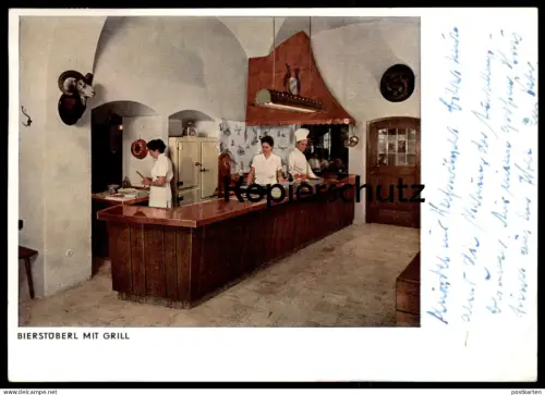 ALTE POSTKARTE MÜNCHEN HOTEL SCHOTTENHAMEL AM HAUPTBAHNHOF BIERSTÜBERL MIT GRILLL GAMS KOCH Ansichtskarte postcard cpa