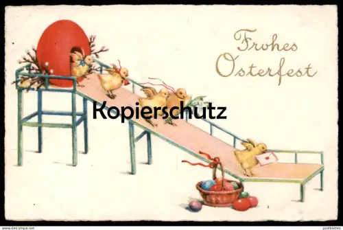ALTE POSTKARTE FROHES OSTERFEST KÜKEN AUF RUTSCHE EIER BRIEF OSTEREI Ostern Easter poussin chick Ansichtskarte postcard