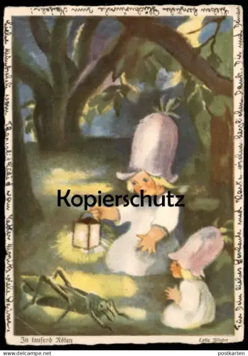 ALTE KÜNSTLER POSTKARTE IN TAUSEND NÖTEN LOTTE WINTER BLUMEN-KINDER ELFE GRASHÜPFER grasshopper Kind Mädchen AK postcard