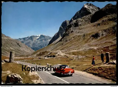 ÄLTERE POSTKARTE JULIER PASSHÖHE MIT DEN BEIDEN RÖMERSÄULEN ROTER KARMANN GHIA VW Ansichtskarte postcard cpa AK