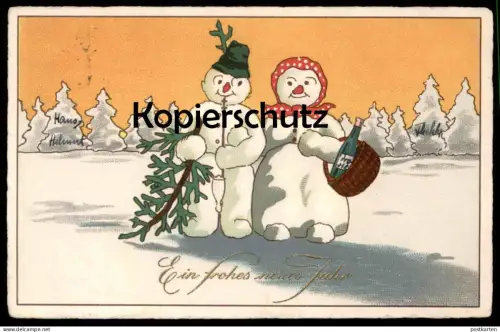 ALTE POSTKARTE SCHNEEMANN UND SCHNEEFRAU EIN FROHES NEUES JAHR WEIN snowman snowwoman bonhomme de neige postcard cpa AK