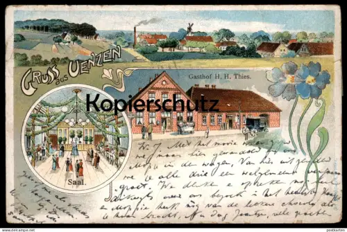 ALTE LITHO POSTKARTE GRUSS AUS UENZEN BRUCHHAUSEN-VILSEN GASTHOF H. H: THIES SAAL PANORAMA WINDMÜHLE Ansichtskarte cpa