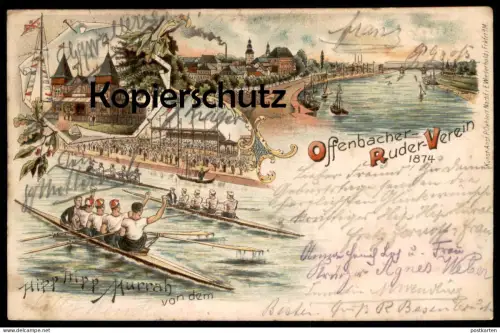 ALTE LITHO POSTKARTE HIPP HIPP HURRAH VON DEM OFFENBACHER RUDER-VEREIN OFFENBACH AM MAIN RUDERER Hessen Ansichtskarte
