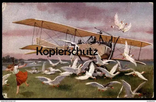 ALTE KÜNSTLER POSTKARTE ARTHUR THIELE FLUGZEUG Luftfahrt Doppeldecker avion airplane Gänse Gans goose AK cpa postcard