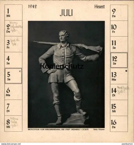 ALTE POSTKARTE BRONZEFIGUR VOM KRIEGEREHRENMAL DER STADT GRÜNBERG IN SCHLESIEN JULI 1942 ZIELONA GORA DEUTSCHE PLASTIK