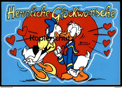 POSTKARTE DAISY & DONALD DUCK HERZLICHE GLÜCKWÜNSCHE LIEBE LOVE KISS KÜSSEN AUFKLEBER STICKER 1990 Disney postcard AK