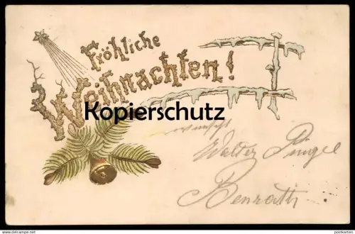 ALTE PRÄGE POSTKARTE FRÖHLICHE WEIHNACHTEN GOLDENE GLOCKE ZWEIG vergoldet clarine bell cloche Ansichtskarte postcard AK