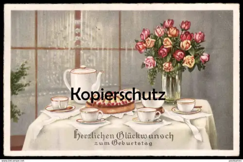 ALTE POSTKARTE HERZLICHEN GLÜCKWUNSCH ZUM GEBURTSTAG KAFFEETAFEL KUCHEN KAFFEE cake Porzellan porcelain Ansichtskarte AK