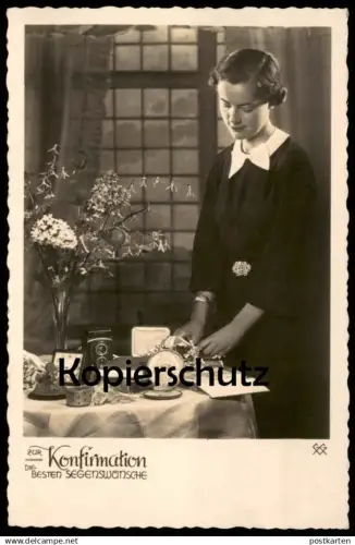 ALTE POSTKARTE ZUR KONFIRMATION DIE BESTEN WÜNSCHE GESCHENKE KAMERA ROLLEICORD FOTOAPPARAT WECKER camera postcard AK