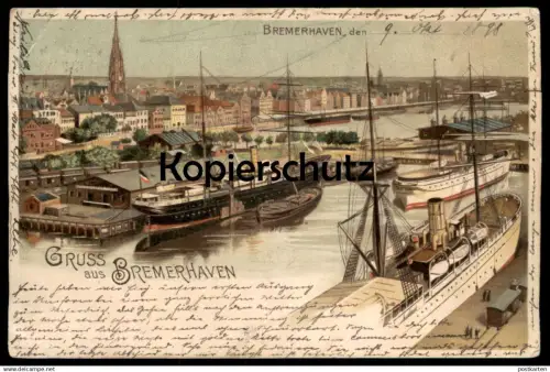 ALTE LITHO POSTKARTE GRUSS AUS BREMERHAVEN DAMPFER PANORAMA HAFEN harbour Schiff Schiffe ship Ansichtskarte postcard cpa