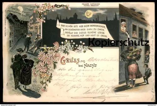 ALTE LITHO POSTKARTE GRUSS AUS KORSCHENBROICH BEI NACHT HUMOR NACHTTOPF POT DE CHAMBRE LIEBESPAAR BETRUNKENER AK cpa