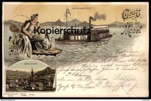ALTE LITHO POSTKARTE GRUSS VON DER MOSEL MOSELDAMPFER BAD BERTRICH VON OSTEN NIXE MERMAID Ansichtskarte AK postcard cpa