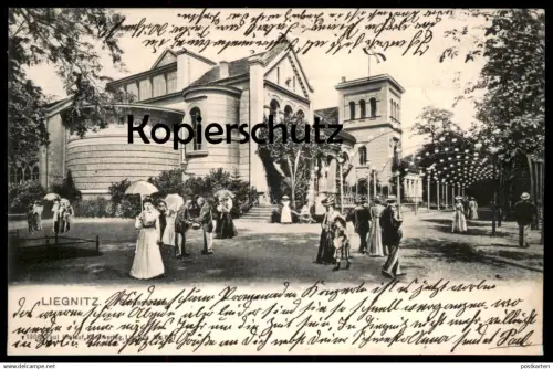 ALTE POSTKARTE LIEGNITZ SCHIESSHAUS DAMEN HERREN ROLLSTUHL SCHIRM SCHLESIEN Legnica postcard Ansichtskarte