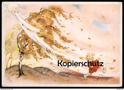 ALTE POSTKARTE WIND STURM VERMENSCHLICHT MÄDCHEN KIND LAUB BIRKE CHARLOTTE BARON-RAA girl enfant child postcard AK cpa