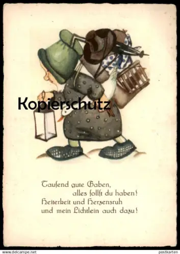 ALTE POSTKARTE ZWERG MIT GANS RUCKSACK LATERNE TAUSEND GUTE GABEN, ALLES SOLLST DU HABEN dwarf nain midget AK postcard