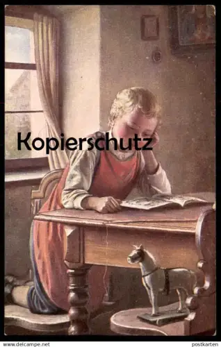 ALTE KÜNSTLER POSTKARTE MÄDCHEN MIT SPIELZEUG BUCH SCHAUKELPFERD Kind child girl enfant photo postcard cpa AK