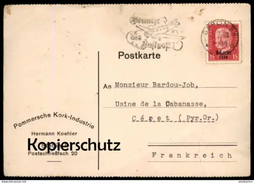 ALTE FIRMEN-POSTKARTE STETTIN POMMERSCHE KORK-INDUSTRIE HERMANN KOEHLER 1930 Szczecin Poland polska postcard AK cpa
