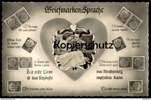 ÄLTERE POSTKARTE BRIEFMARKENSPRACHE Briefmarke couple Briefmarken postage stamp stamps timbre langage timbres Herz heart