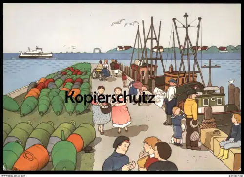 ÄLTERE KÜNSTLER POSTKARTE INSEL AMRUM NORDSEEBAD SEEZEICHENHAFEN BEI WITTDÜN KARIN BLUME KIND HUND FÄHRE Ansichtskarte