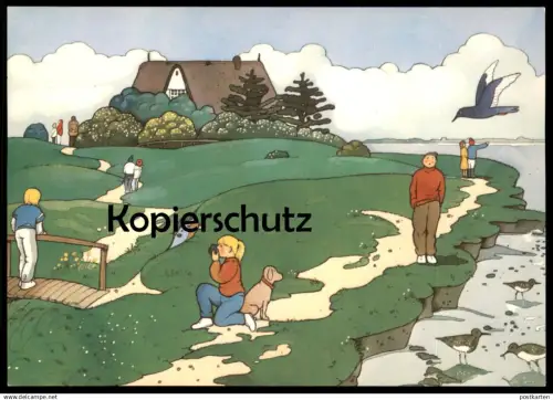 ÄLTERE KÜNSTLER POSTKARTE INSEL AMRUM NORDSEEBAD WEG AM WATT BEI NORDDORF KARIN BLUME KINDER HUND MÖWE Ansichtskarte AK