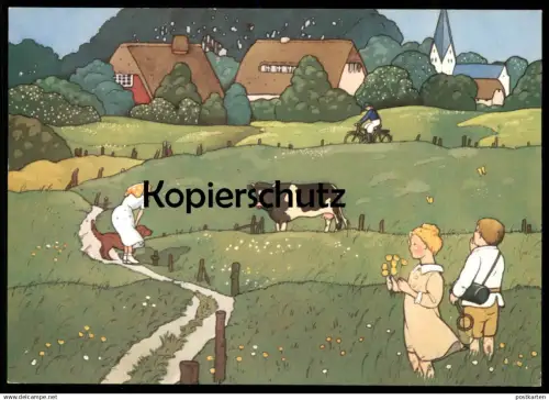ÄLTERE KÜNSTLER POSTKARTE INSEL AMRUM NORDSEEBAD NEBEL VON DER WATTSEITE KARIN BLUME KINDER HUND KUH Ansichtskarte AK
