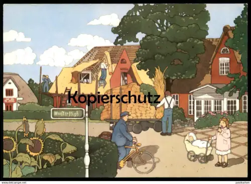 ÄLTERE KÜNSTLER POSTKARTE INSEL AMRUM NORDSEEBAD IM ORTSZENTRUM VON NEBEL WAASTERSTIGH KARIN BLUME REETDACH DACHDECKER