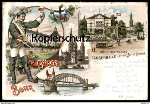 ALTE LITHO POSTKARTE GRUSS AUS BONN HOTEL RESTAURANT KAISERHALLE JULIUS GRASNICK STUDENT STUDENTICA STUDENTIKA ÉTUDIANT