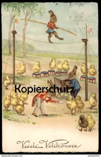 ALTE POSTKARTE VESELE VELIKONOCE FROHE OSTERN VERMENSCHLICHTE HASEN ZIRKUS DREHORGEL ORGEL Akrobat acrobat circus cirque