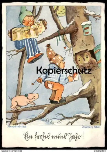ALTE POSTKARTE ZWERGE EULE SCHWEIN EIN FROHES NEUES JAHR Owl hibou Zwerg Neujahr new year bonne année dwarf midget AK