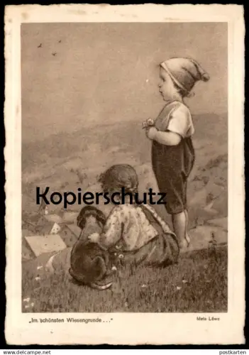 ALTE KÜNSTLER POSTKARTE IM SCHÖNSTEN WIESENGRUNDE KINDER HUND META LÖWE children dog enfant chien Ansichtskarte postcard