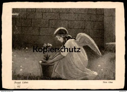 ALTE POSTKARTE NEUES LEBEN ENGEL SETZT PFLANZE BLUME META LÖWE angel ange girl child enfant Kinder postcard cpa