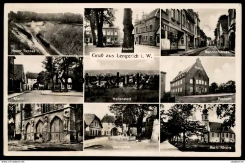 ALTE POSTKARTE LENGERICH IN WESTFALEN NEUER TUNNEL BAHNHOFSTRASSE POSTAMT EHRENMAL MARKT HEILANSTALT AK postcard cpa