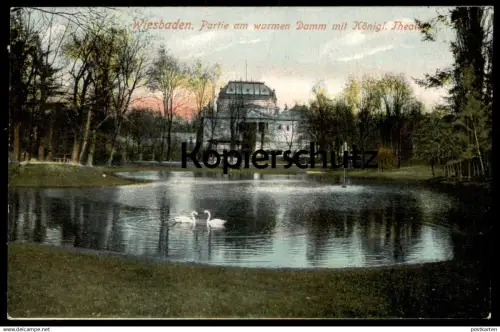 ALTE POSTKARTE WIESBADEN PARTIE AM WARMEN DAMM MIT KÖNIGLICHEM THEATER SCHWAN SCHWÄNE PARK parc Ansichtskarte postcard