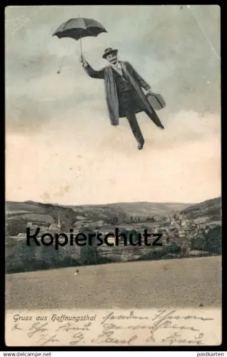 ALTE POSTKARTE GRUSS AUS HOFFNUNGSTHAL PANORAMA MANN IM FLUGE MIT SCHIRM & KOFFER RÖSRATH Ansichtskarte AK cpa postcard