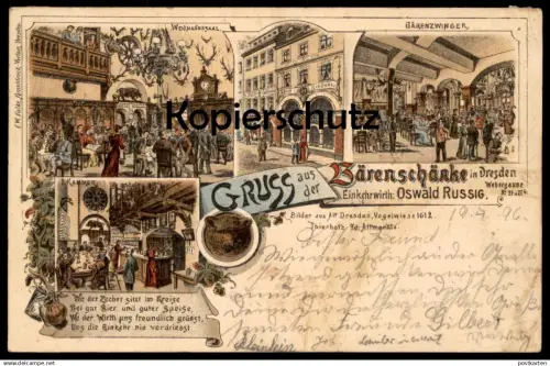 ALTE LITHO POSTKARTE GRUSS AUS DER BÄRENSCHÄNKE DRESDEN OSWALD RUSSIG BÄRENZWINGER RESTAURANT Bär ours bear postcard