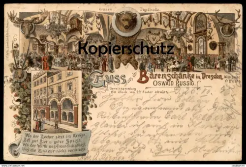 ALTE LITHO POSTKARTE GRUSS AUS DER BÄRENSCHÄNKE DRESDEN OSWALD RUSSIG GROSSE JAGDHALLE RESTAURANT Bär ours bear postcard