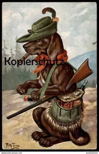 ALTE POSTKARTE DACKEL VERMENSCHLICHT JÄGER ZIGARRE ARTHUR THIELE JAGD hunter hunting chasse Hund Dachshund Teckel dog