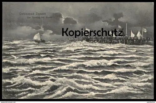 ALTE POSTKARTE ZOPPOT SEESTEG BEI STURM VERFASST AN BORD VON DAMPFER DRACHE NACH HELA 06.06.06 SOPOT poland polska cpa