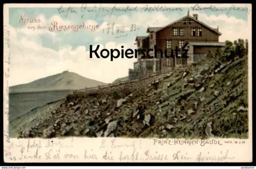 ALTE LITHO POSTKARTE GRUSS AUS DEM RIESENGEBIRGE PRINZ-HEINRICH-BAUDE 1410 METER Krummhübel Karpacz Karkonosze Krkonose