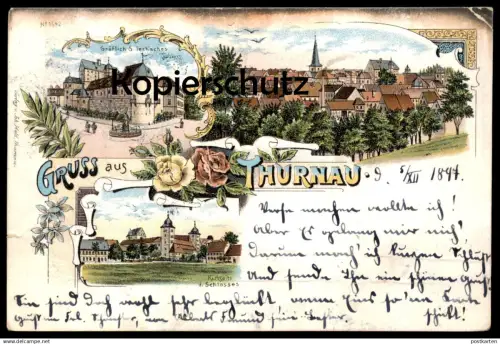 ALTE LITHO POSTKARTE GRUSS AUS THURNAU PANORAMA RÜCKSEITE DES SCHLOSSES GRÄFLICH GRIECH'SCHES SCHLOSS BAYERN AK postcard