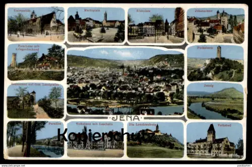 ALTE POSTKARTE JENA UNIVERSITÄT VOLKSHAUS FORSTHAUS MIT KRIEGERDENKMAL JOHANNISTOR PARADIES AK Ansichtskarte postcard