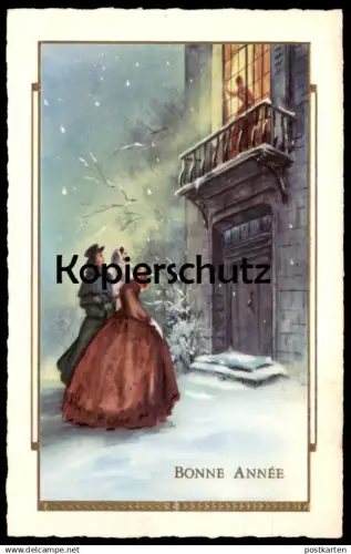 ALTE PRÄGE POSTKARTE BONNE ANNÉE COUPLE PAAR WINTERNACHT SCHNEE VOR VILLA ERLEUCHTETES FENSTER VERGOLDET cpa postcard